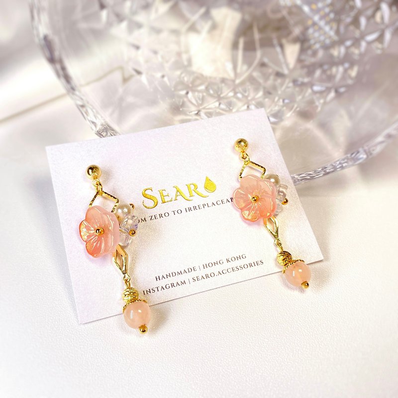 粉晶 小桃花 天然石水晶耳环 s925 - 耳环/耳夹 - 水晶 粉红色