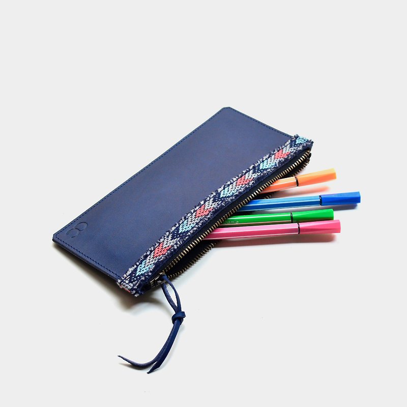 【 嬉皮的反战文献】牛皮笔袋 蓝色植鞣皮革铅笔盒 民俗风  文具 - 铅笔盒/笔袋 - 真皮 蓝色