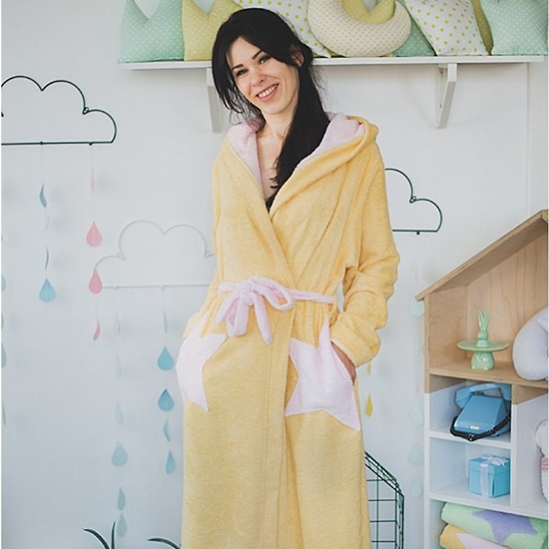 Women bathrobe with hood, yellow star robe for women - 女装上衣 - 棉．麻 黄色