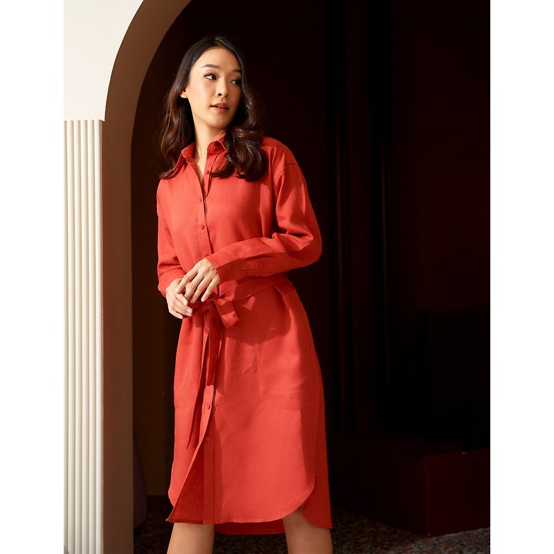 宽松亚麻衬衫连衣裙 : 红色 - 洋装/连衣裙 - 棉．麻 红色