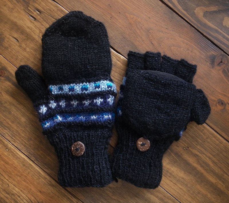 羊毛手工编织手套 经典 黑底 蓝 - 手套 - 羊毛 蓝色