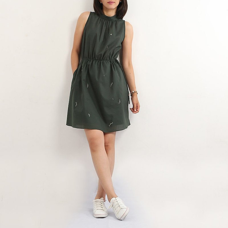 Cotton Hand Embroidered Midi Dress / Green, Dark Green - 洋装/连衣裙 - 棉．麻 绿色