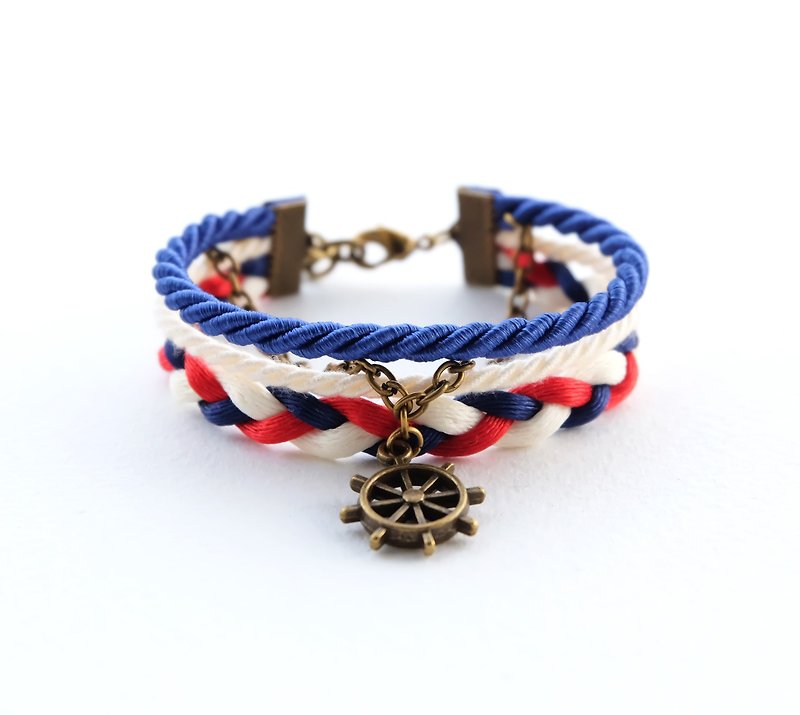 Ship wheel nautical layered bracelet in admiral blue / cream / red / navy blue - 手链/手环 - 其他材质 多色