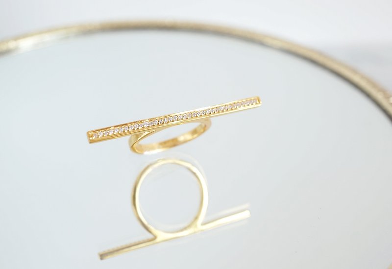 【Gold Vermeil/Gemstone】White Zircon,Gold Bar Ring - 戒指 - 宝石 金色