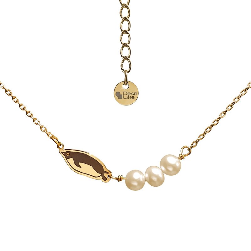 企鹅 海龟 珍珠不锈钢镀14K金项链 - 项链 - 珍珠 白色