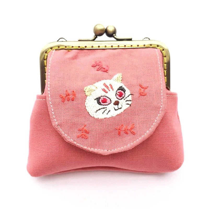 刺绣猫口金多用包 - 皮夹/钱包 - 棉．麻 粉红色
