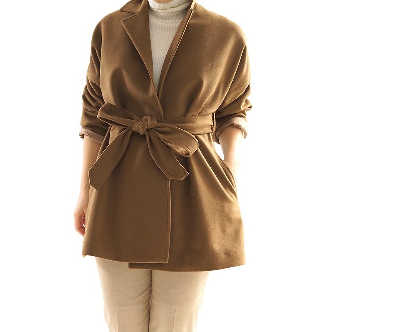 wool drop shoulder tailored coat lining / olive brown b23-28 - 女装休闲/机能外套 - 其他材质 咖啡色