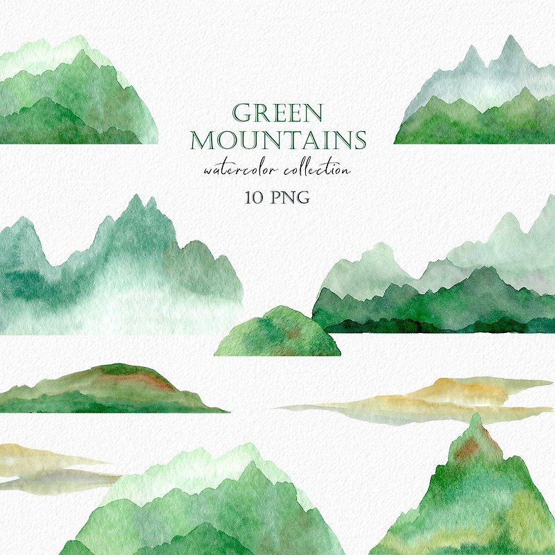 Green Mountains landscapes, Nature Watercolor clipart - 插画/绘画/写字 - 其他材质 绿色
