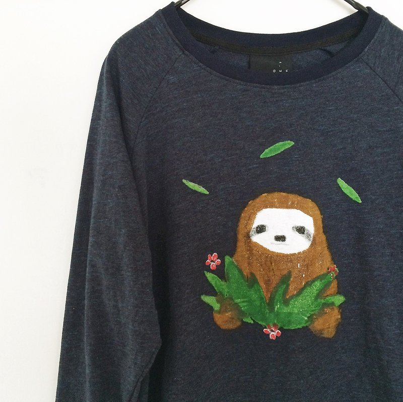 Hello Sloth - Long sleeve Top Shirt - 女装 T 恤 - 棉．麻 黑色