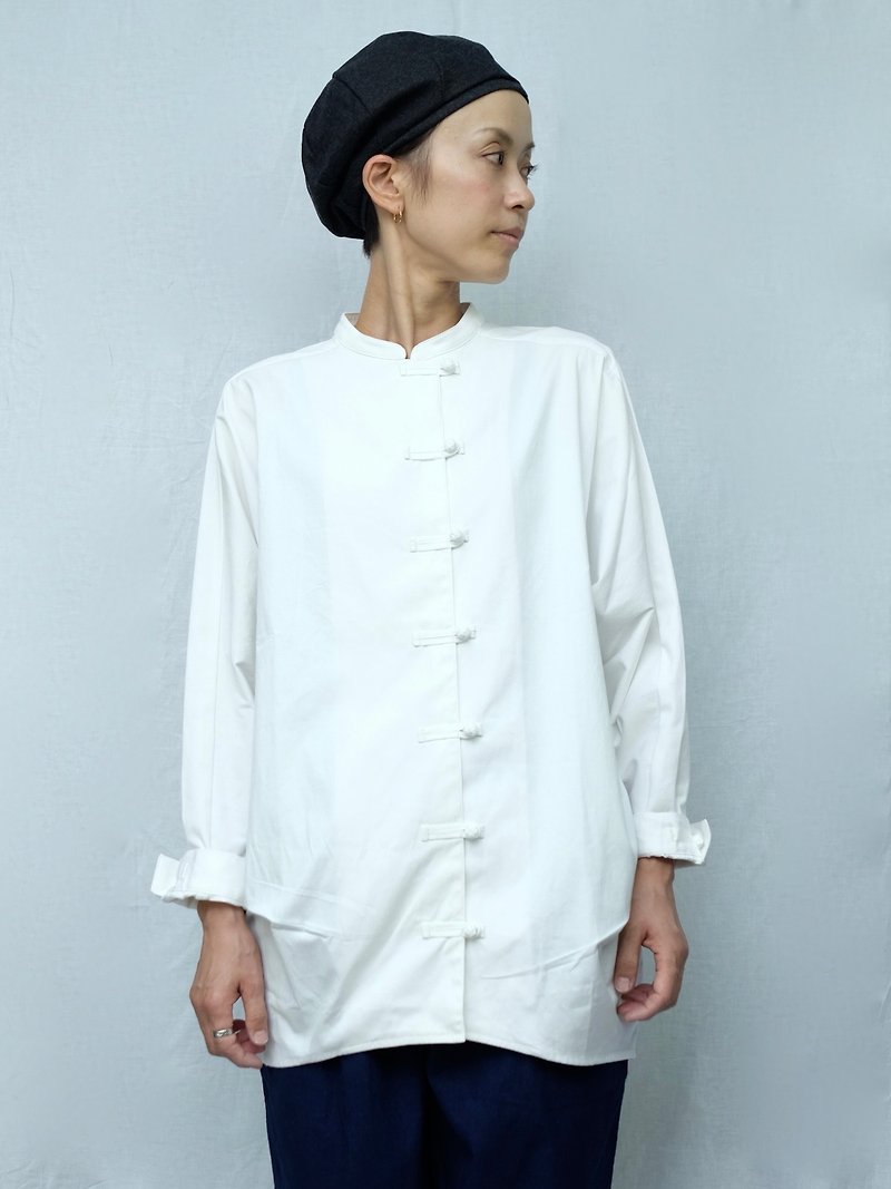 OMAKE Original 盘扣小立领衬衫 / 白 - 女装衬衫 - 棉．麻 白色