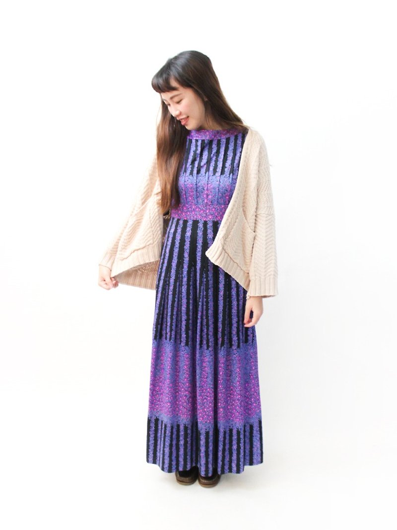 日本制复古欧风大人感紫色碎花五分袖古着洋装 - 洋装/连衣裙 - 聚酯纤维 紫色