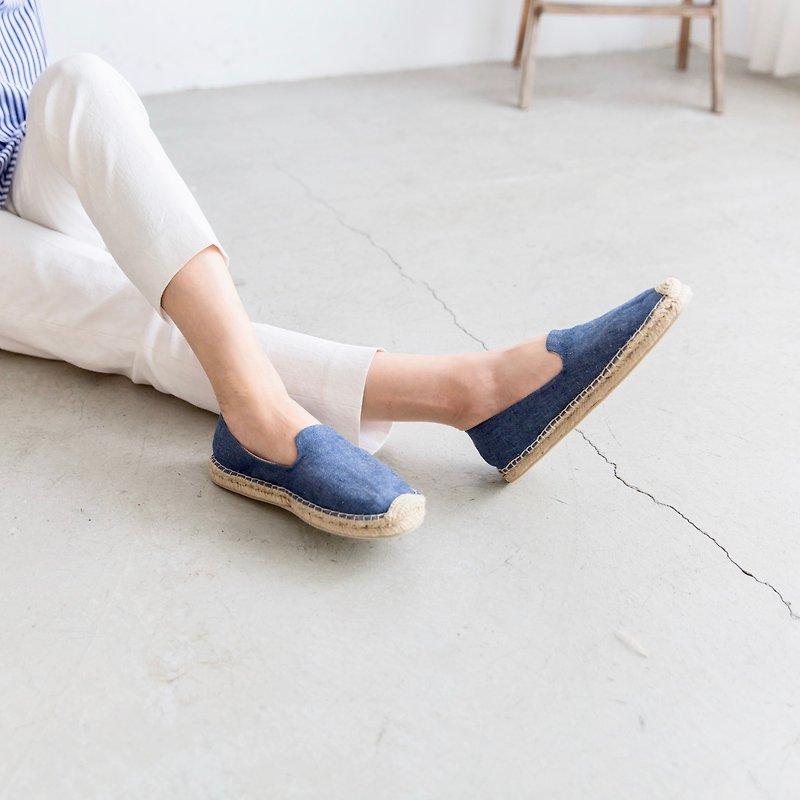 日本布料手工草编鞋-牛仔 绝版 出清品 - 女款休闲鞋 - 棉．麻 蓝色