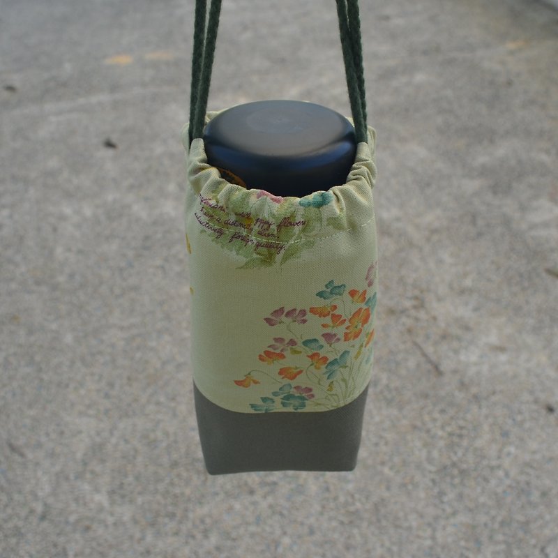 花语束口环保杯袋 饮料提袋 保温瓶提袋 手作 帆布 方便 - 随行杯提袋/水壶袋 - 棉．麻 绿色