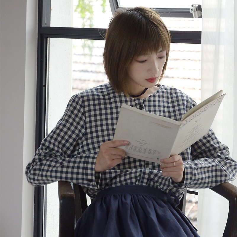 蓝白格衬衣|衬衫|亚麻|独立品牌|Sora-165 - 女装衬衫 - 棉．麻 