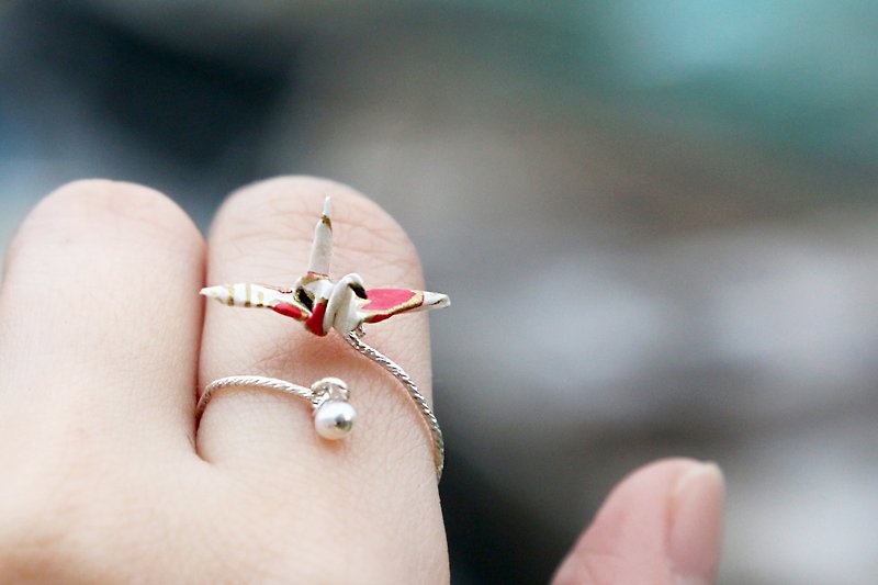 迷你纸鹤珍珠戒指（雪地梅花）- 情人节礼物 - 戒指 - 纸 红色