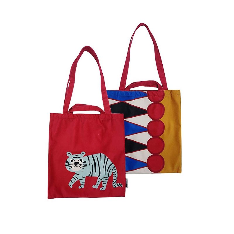 【草稿/ciaogao】原創設計北歐風動物 馬戲團老虎 新年環保購物袋 - 侧背包/斜挎包 - 聚酯纤维 红色