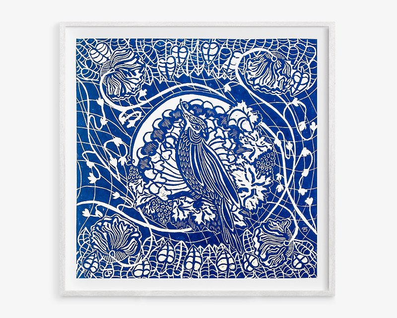 深蓝色植物鹦鹉原创艺术品 Linocut 印花花卉墙艺术装饰 - 海报/装饰画/版画 - 纸 蓝色