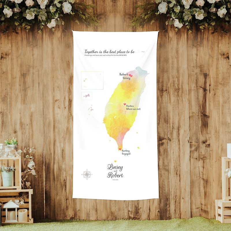 定制化婚礼布置-台湾地图签名绸布幔。我们的彩色台湾 典华优惠券 - 婚礼誓言书 - 聚酯纤维 黄色