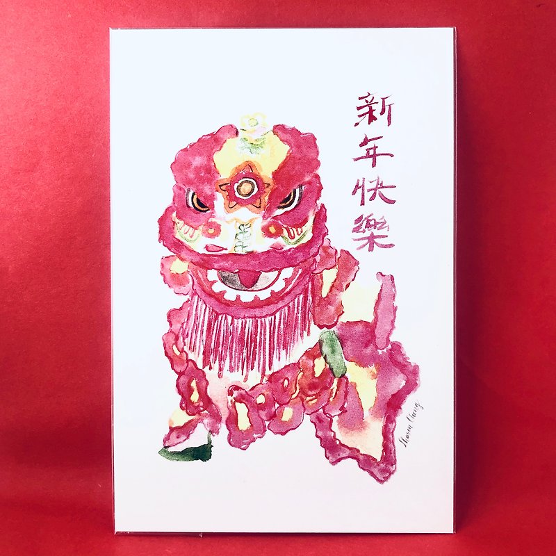 手绘水彩农历新年舞狮贺卡明信片 - 卡片/明信片 - 纸 红色