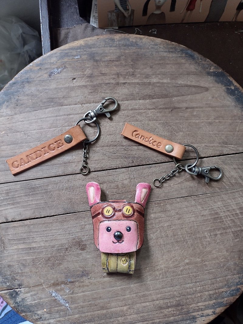 飞行员 可爱小兔子 12生肖 纯牛皮钥匙圈- 可刻字 - 钥匙链/钥匙包 - 真皮 粉红色