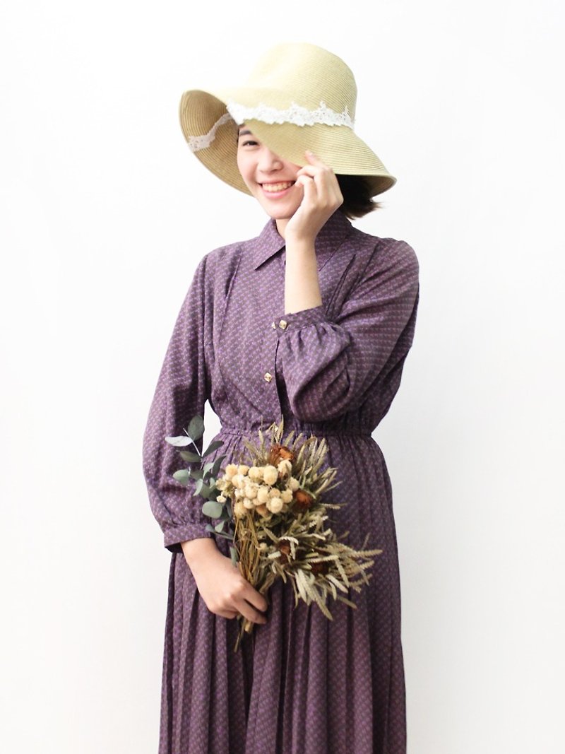 【RE0503D1165】复古典雅紫色几何春夏古着洋装 - 洋装/连衣裙 - 聚酯纤维 紫色