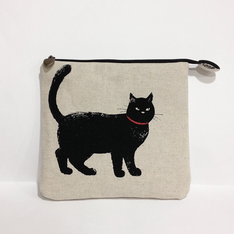 棉麻 黑猫 扁笔袋 万用袋 - 化妆包/杂物包 - 棉．麻 黑色