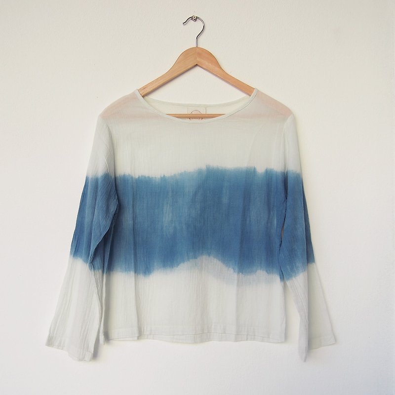 linnil: indigo long-sleeve shirt / natural dye / cotton - 女装上衣 - 棉．麻 蓝色