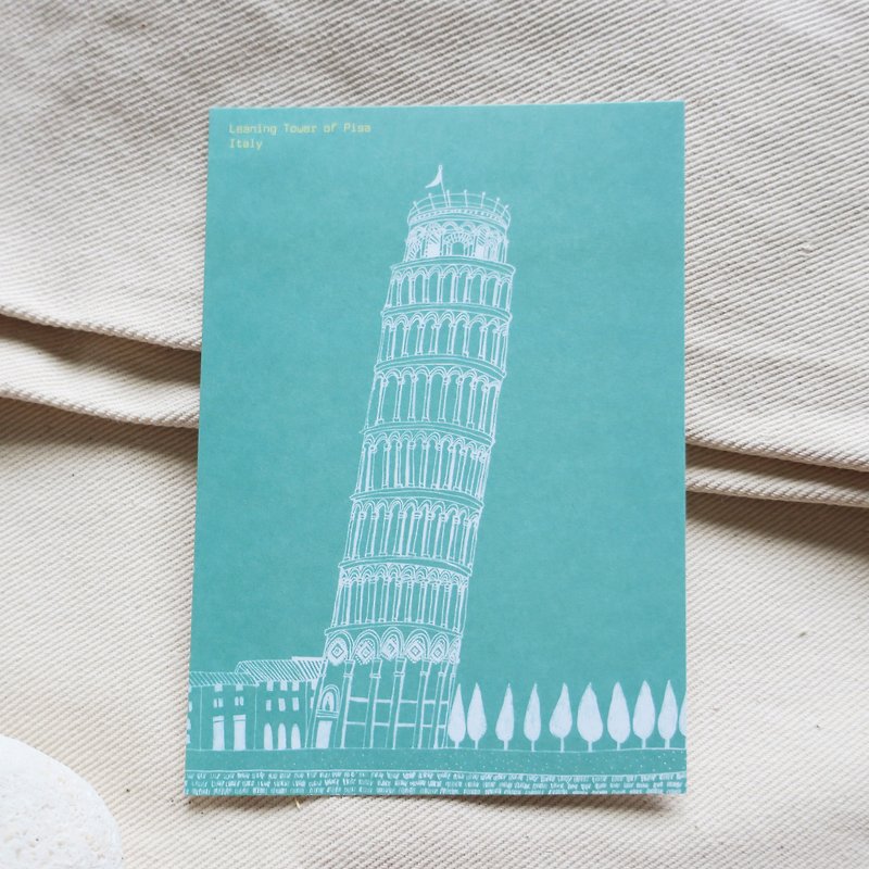 旅行风景意大利-比萨斜塔 / 插画明信片 - 卡片/明信片 - 纸 绿色
