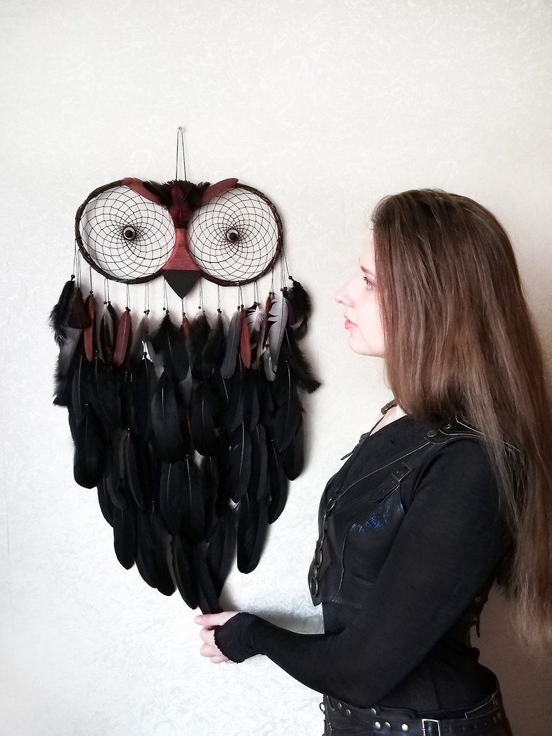 Large black dreamcatcher, Owl dream catcher, Owl ornament, Bedroom wall hanging - 墙贴/壁贴 - 木头 黑色
