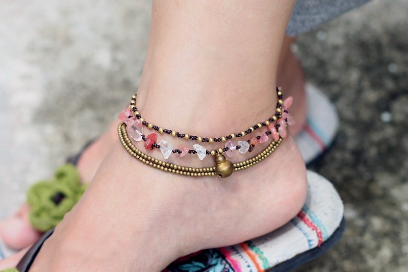 玫瑰石英脚链层链黄铜浪漫波西米亚风情礼物 - 脚链/脚环 - 铜/黄铜 粉红色