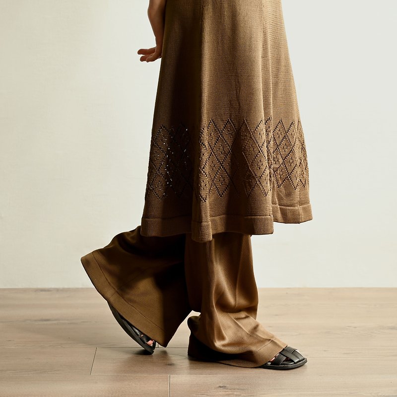 【NaSuBi Vintage】纯色针织织纹古着洋装 - 洋装/连衣裙 - 其他人造纤维 咖啡色