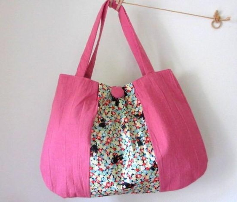 ハーフリネン 猫とお花のふんわりショルダーバッグ＊ローズピンク - 手提包/手提袋 - 棉．麻 粉红色