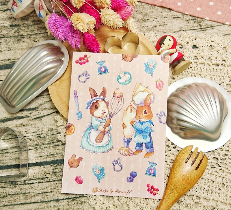 烘焙兔兔-厚水彩纸明信片 - 卡片/明信片 - 纸 多色