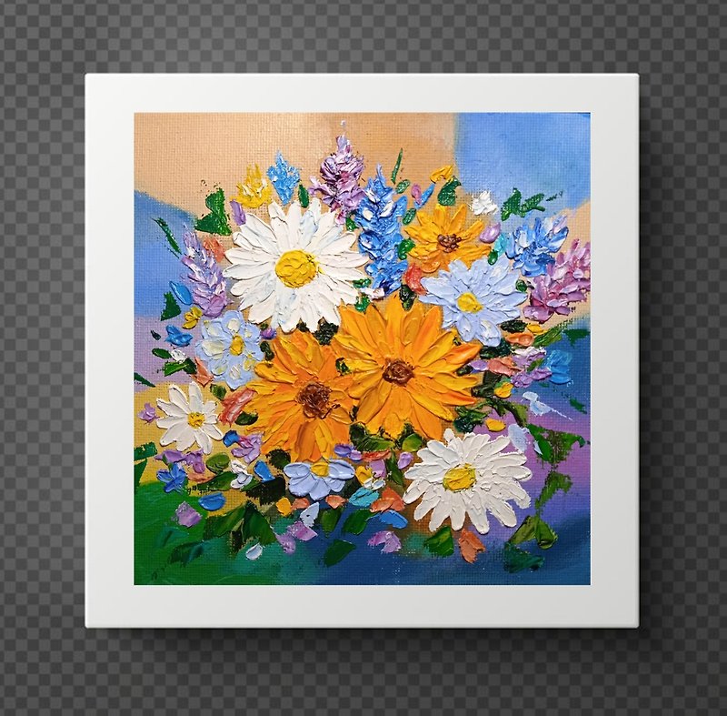 油画鲜艳的花朵洋甘菊向日葵Impasto艺术微型6x6在 - 墙贴/壁贴 - 其他金属 多色