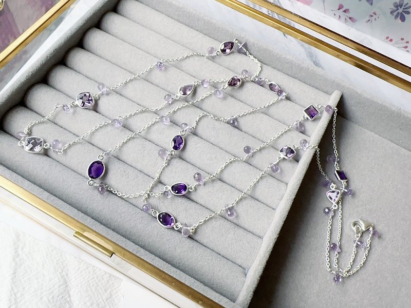 天然紫水晶 纯银长链 多层次手链 一款多戴 雅致百搭 手工设计款 - 项链 - 纯银 紫色