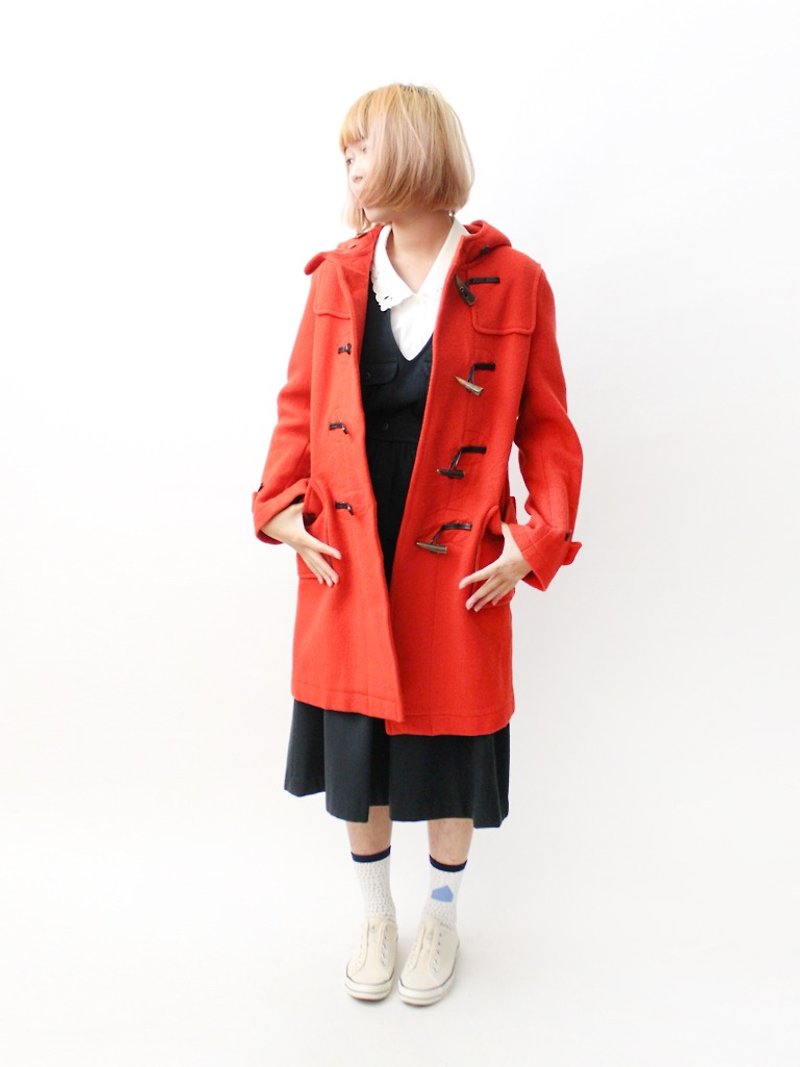 【RE1229C381】亮橘红修身连帽古着牛角扣大衣外套 - 女装休闲/机能外套 - 羊毛 红色