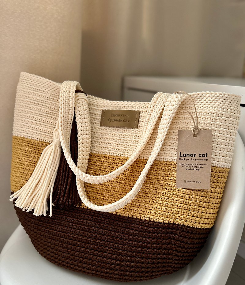 钩针编织手袋 Lunarbag，条纹 XL Lunarbag - 手提包/手提袋 - 聚酯纤维 咖啡色
