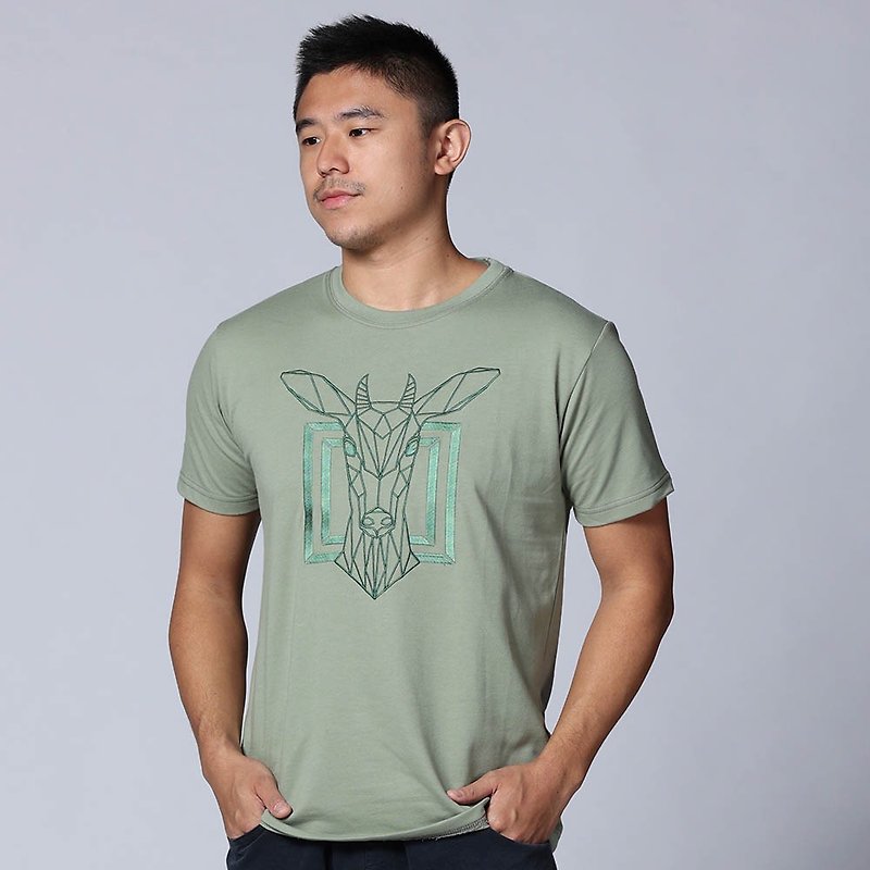 【森林动物系列】几何山羊刺绣中性款TEE(水绿) - 男装上衣/T 恤 - 其他材质 绿色