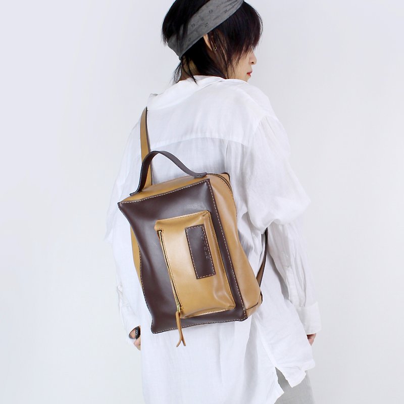 TaneLa 全手作 牛皮 拼接设计 斜背式 后背包 - 后背包/双肩包 - 真皮 咖啡色