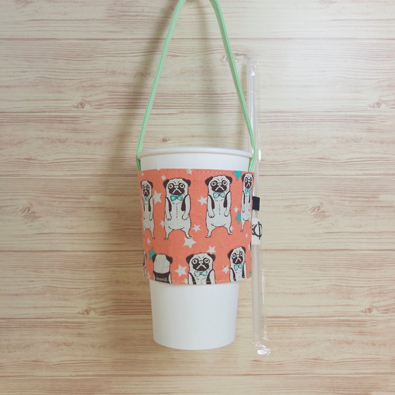 巴哥犬环保饮料提袋 - 随行杯提袋/水壶袋 - 棉．麻 多色