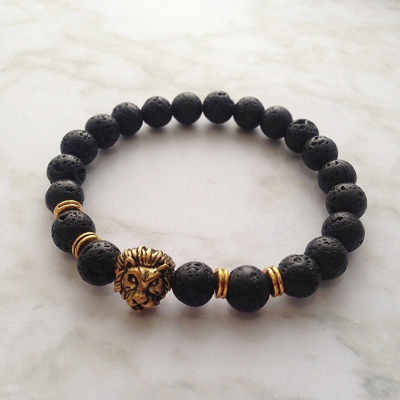 Gold Lion | volcanic rock (lava) | beaded bracelet - 手链/手环 - 石头 黑色