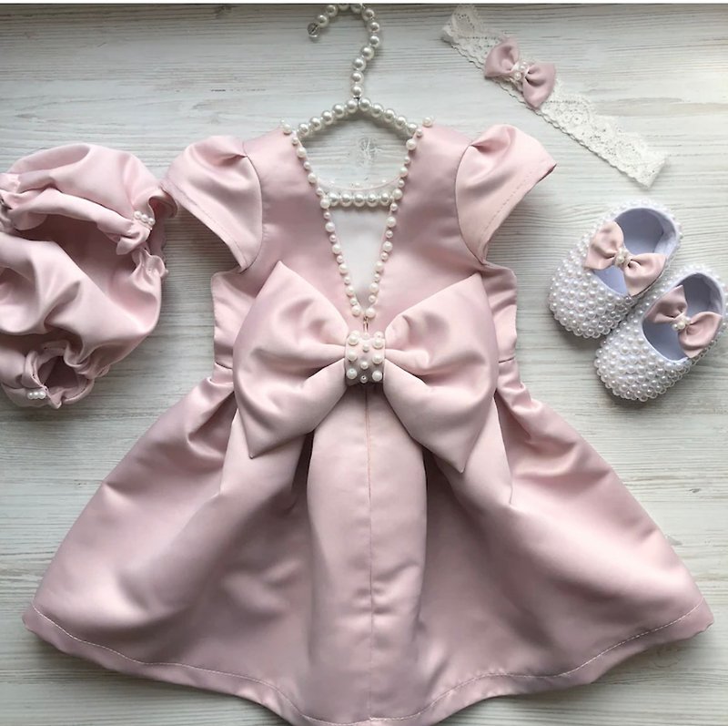 Blush pink dress with pearls, headband, panties, pearls shoes for baby girl. - 童装礼服/连衣裙 - 其他材质 粉红色