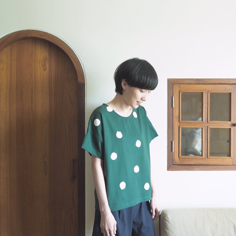 polka dot cat crop t-shirt : green - 女装上衣 - 棉．麻 绿色