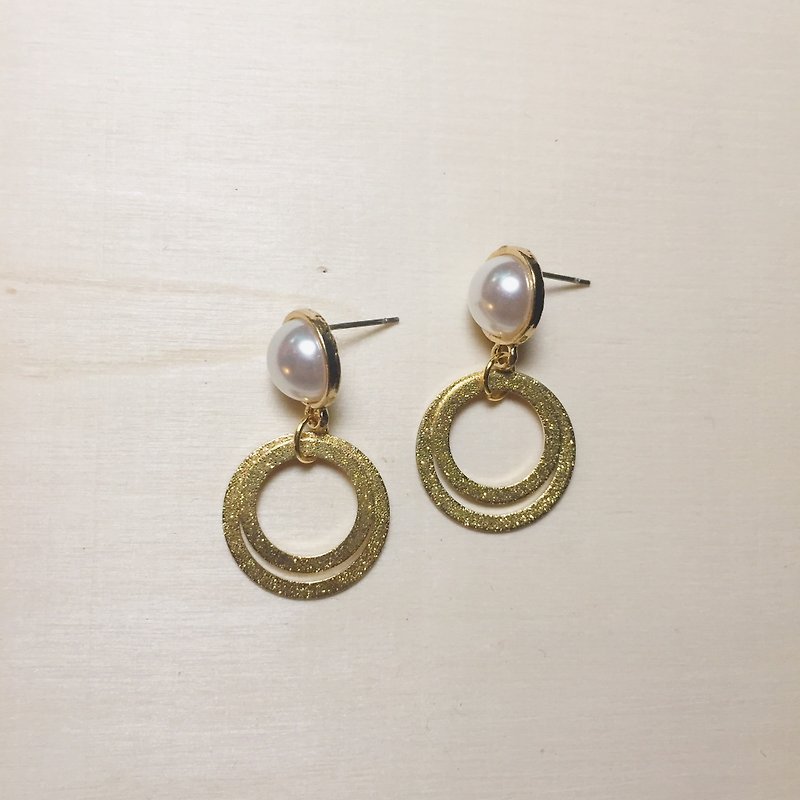 珍珠金葱双圈耳环 - 耳环/耳夹 - 珍珠 金色