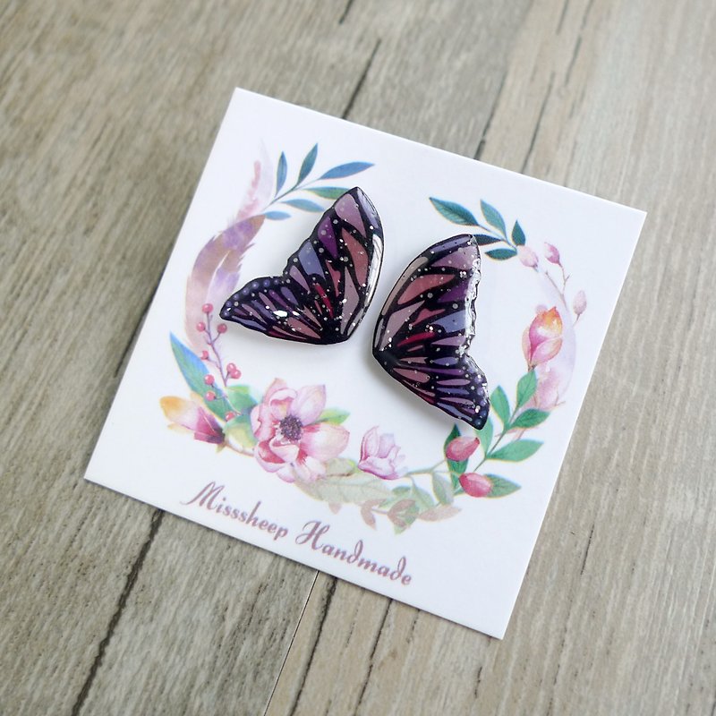 Misssheep-BW05-Butterfly Wings系列-紫粉红 手作耳环 (耳针 / 透明耳夹) 一对 - 耳环/耳夹 - 塑料 紫色
