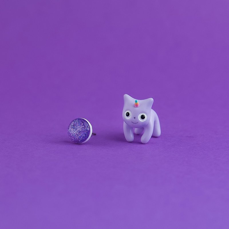 Unicorn Cat - Polymer Clay Earrings, Handmade&Handpaited Catlover Gift - 耳环/耳夹 - 粘土 紫色