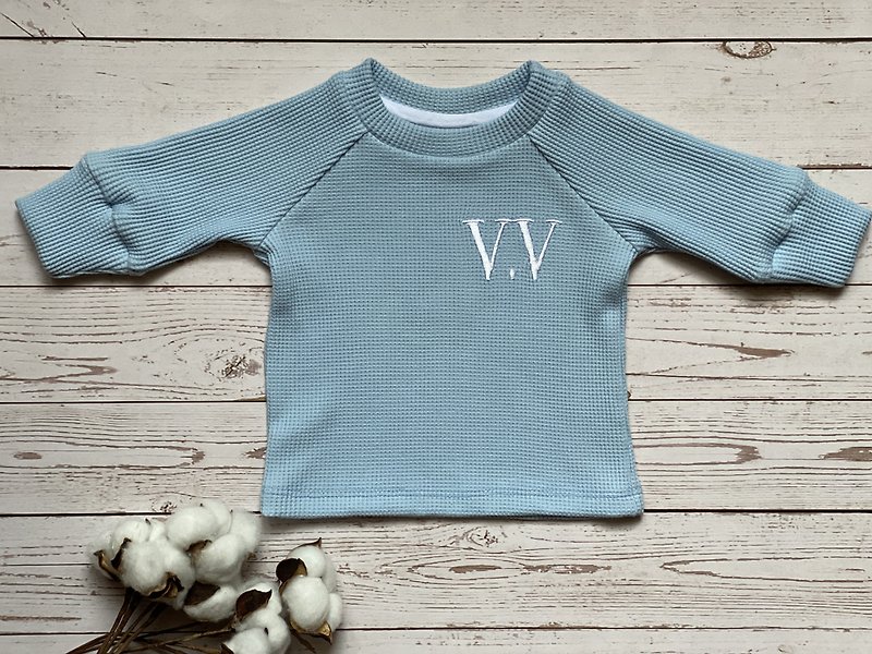 Custom shirt baby boy coming home outfit organic cotton baby clothe embroidering - 童装上衣 - 棉．麻 蓝色