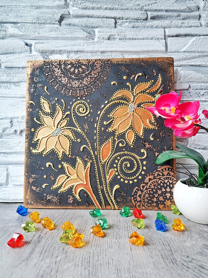 胶合板上的金色花朵艺术原始纹理绘画曼陀罗墙壁装饰 - 墙贴/壁贴 - 木头 金色