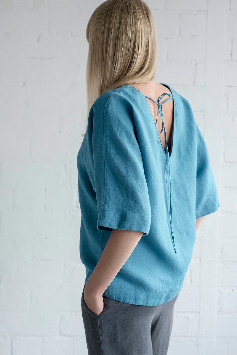 Linen Blouse Motumo – 17P4 / Handmade loose linen summer blouse - 女装衬衫 - 亚麻 