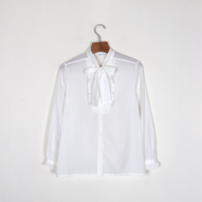【蛋植物古着】细褶绑带纯白古着衬衫 - 女装衬衫 - 聚酯纤维 白色